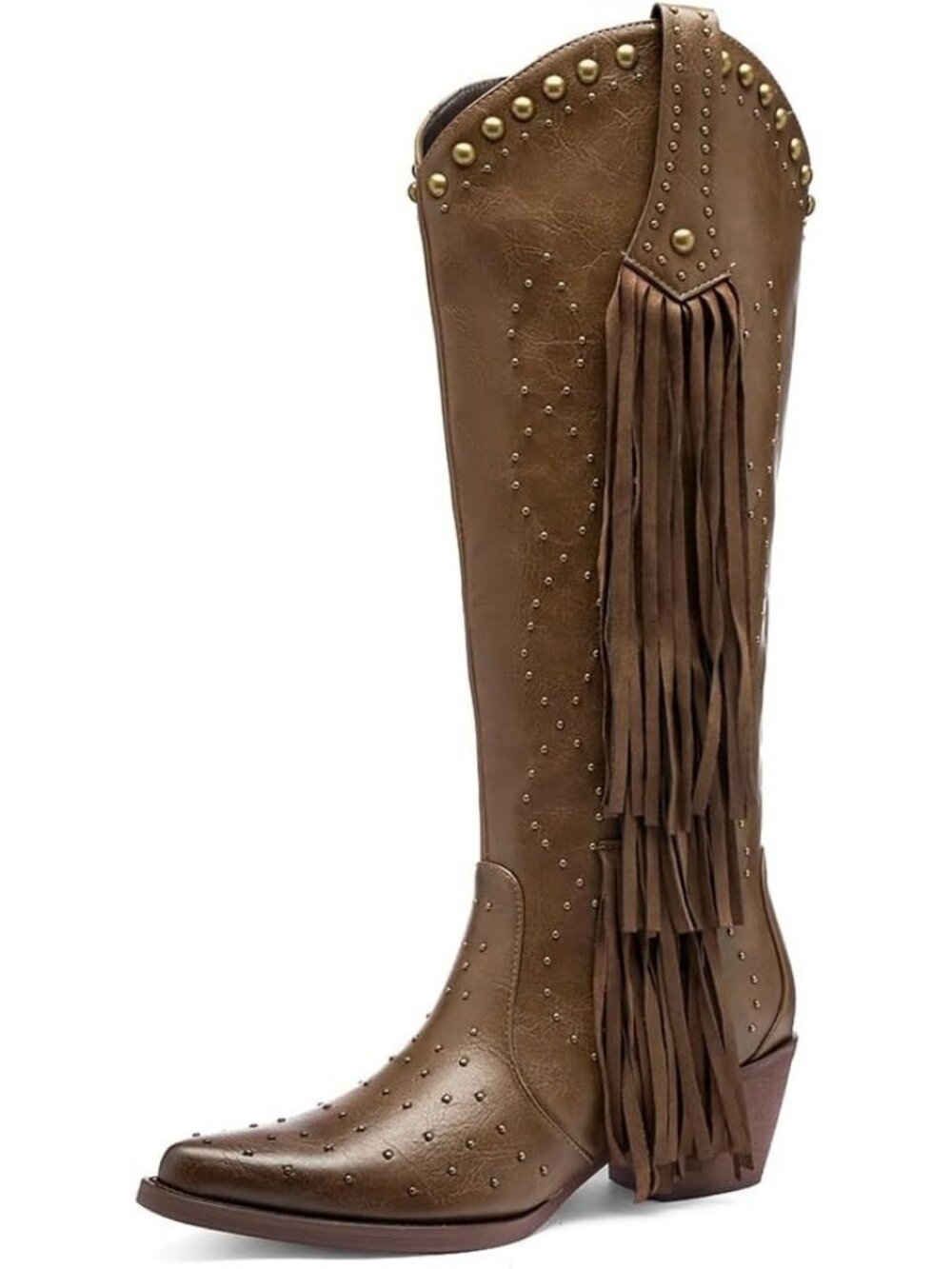 Women's Brown Polyurethane Western Fringe Cowboy Boots Knee High Toe Chunky Heel
